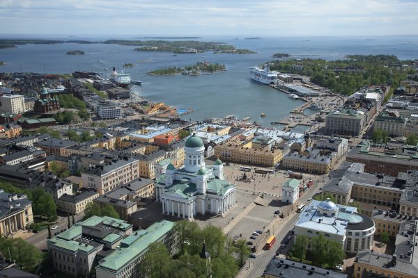 Arial view of the city of Helsinki and the harbour area